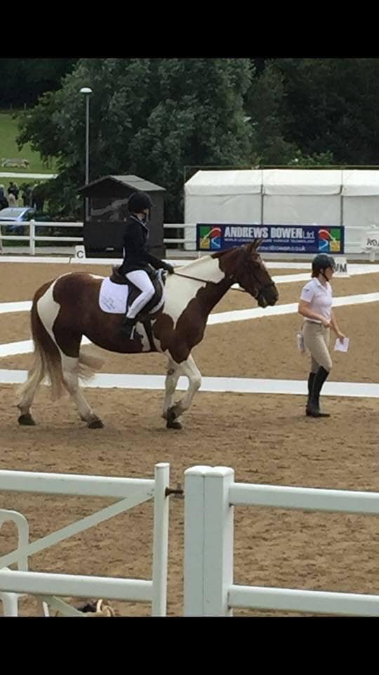 Rider on horseback with volunteer in the arena during a dressage session