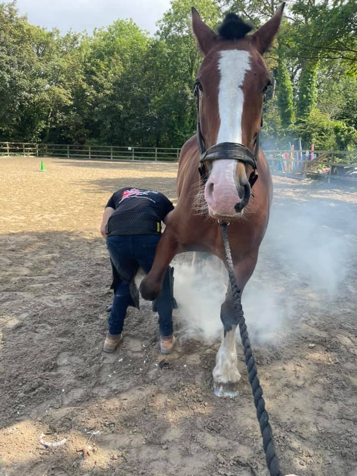 Close view of rider and volunteer