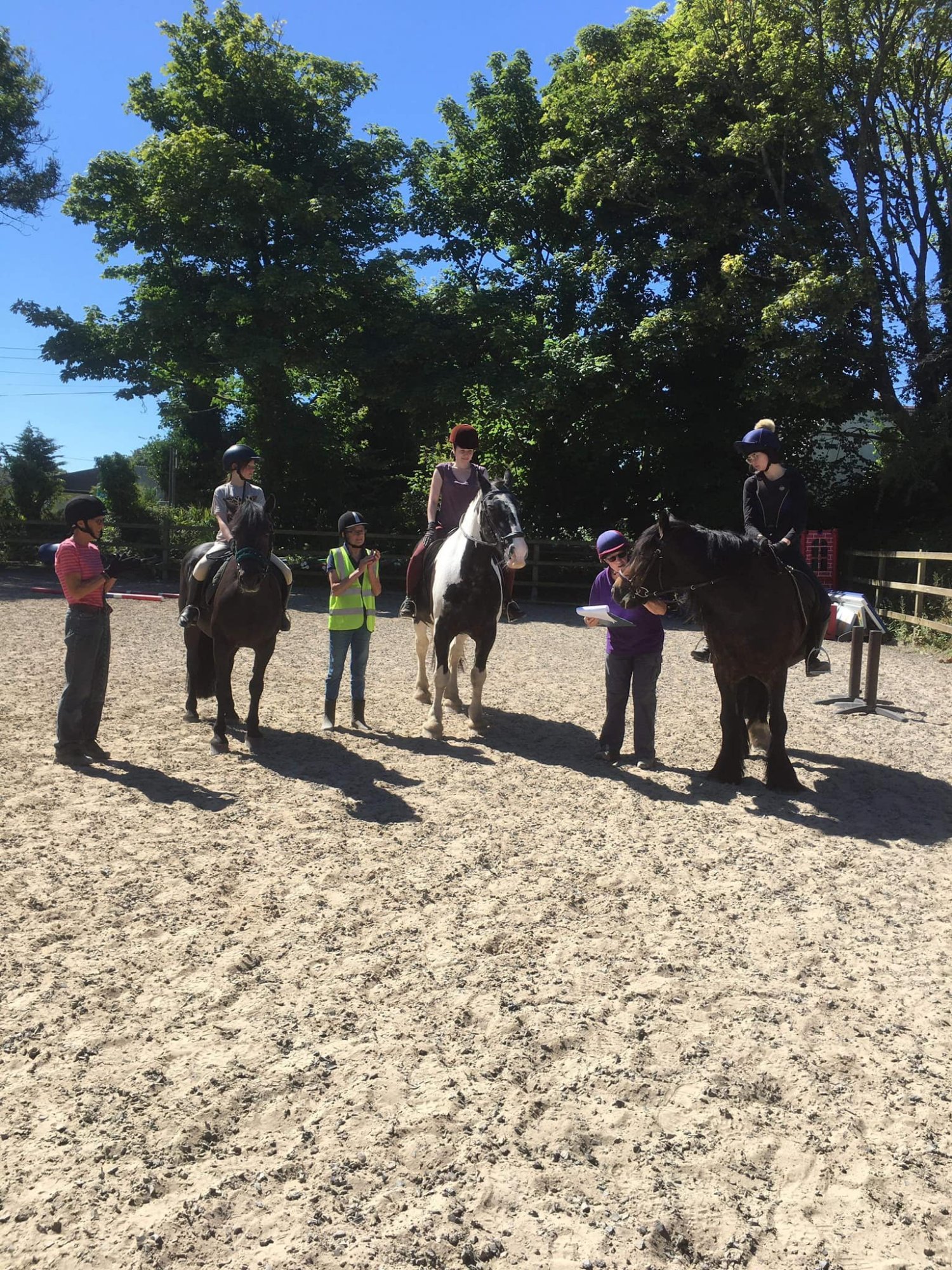 Riders with volunteers on horseback in the sunny outdoor arena, showing the group working together